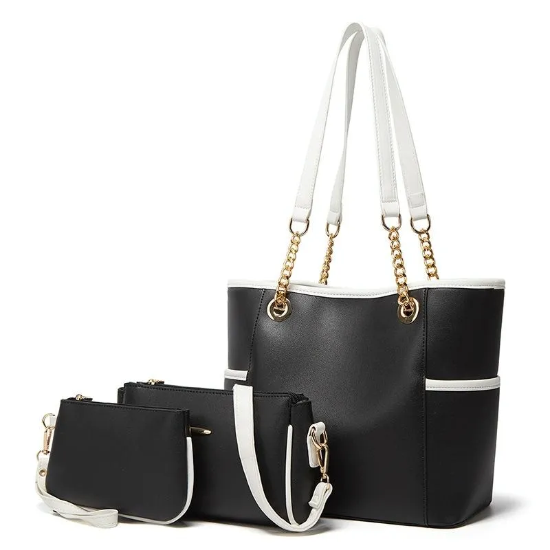 3 in 1 Ladies Simple All Match Handbag Soft Leather Messenger Bag Black