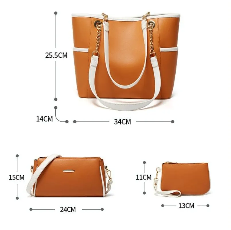 3 in 1 Ladies Simple All Match Handbag Soft Leather Messenger Bag Black