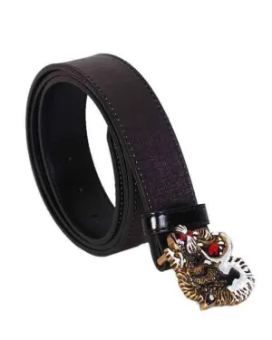 Black Leather Belt With Tiger Buckle and Snake Print