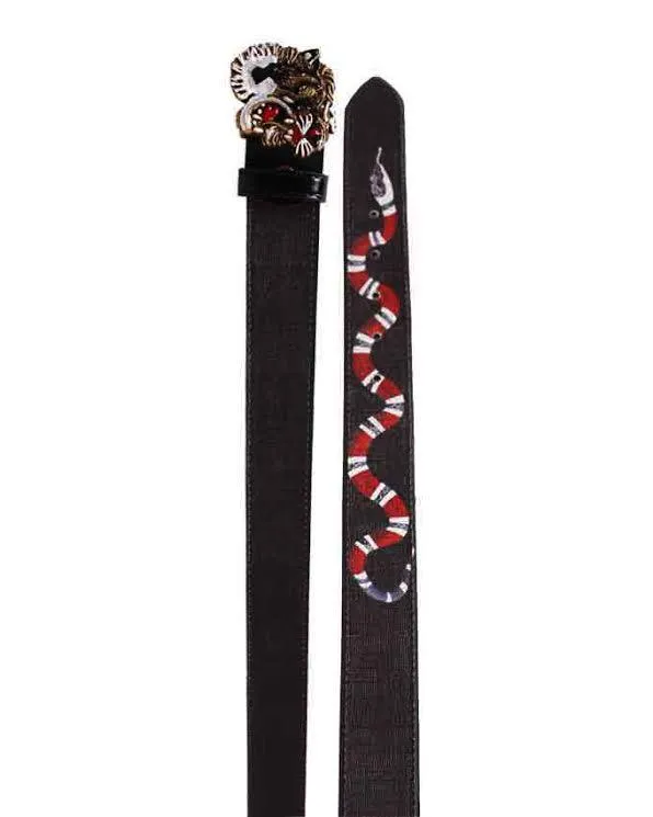 Black Leather Belt With Tiger Buckle and Snake Print