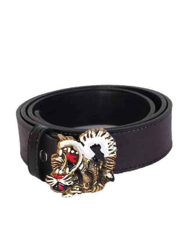 Black Leather Belt With Tiger Buckle and Snake Print