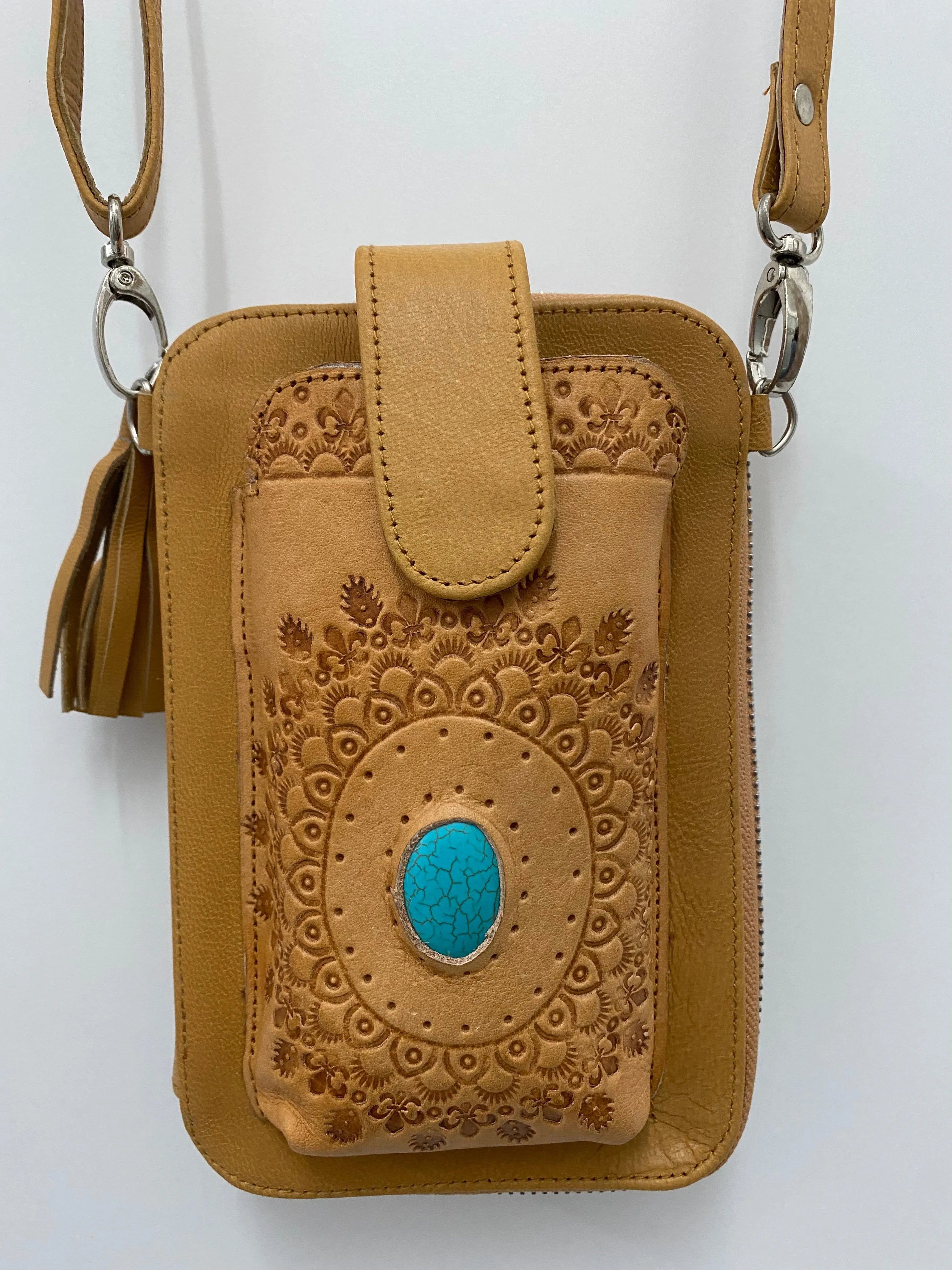 Stone Zip Round Phone Wallet Bag - Vintage Brown