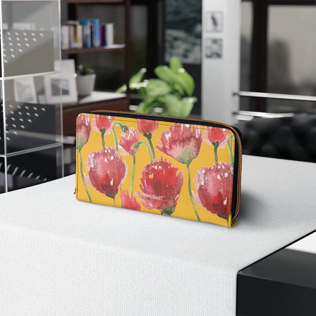 Yellow Red Tulips Zipper Wallet, Red Tulips Flower Print Best Long Compact Wallet For Women
