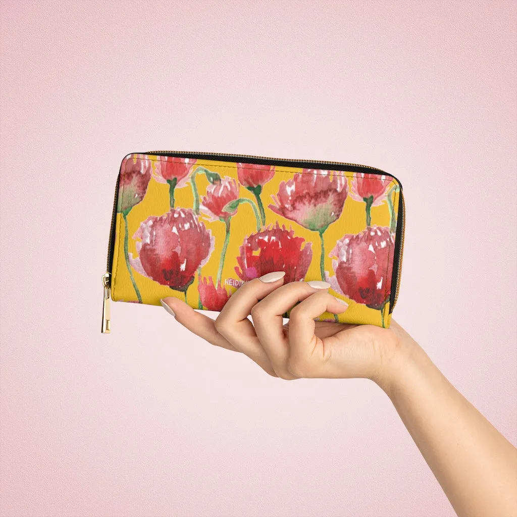 Yellow Red Tulips Zipper Wallet, Red Tulips Flower Print Best Long Compact Wallet For Women